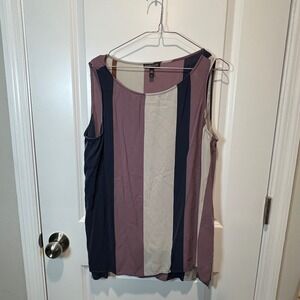 EILEEN FISHER Silk Striped Tank Top L Large Purple Beige Navy Sleeveless
